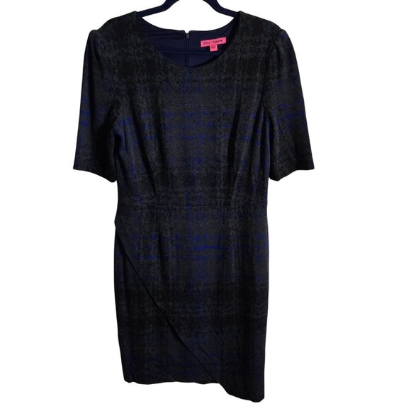 Betsey Johnson Gray Blue Plaid Assymetric Hem Puff Short Sleeve Dress Size 12 - Picture 2 of 6